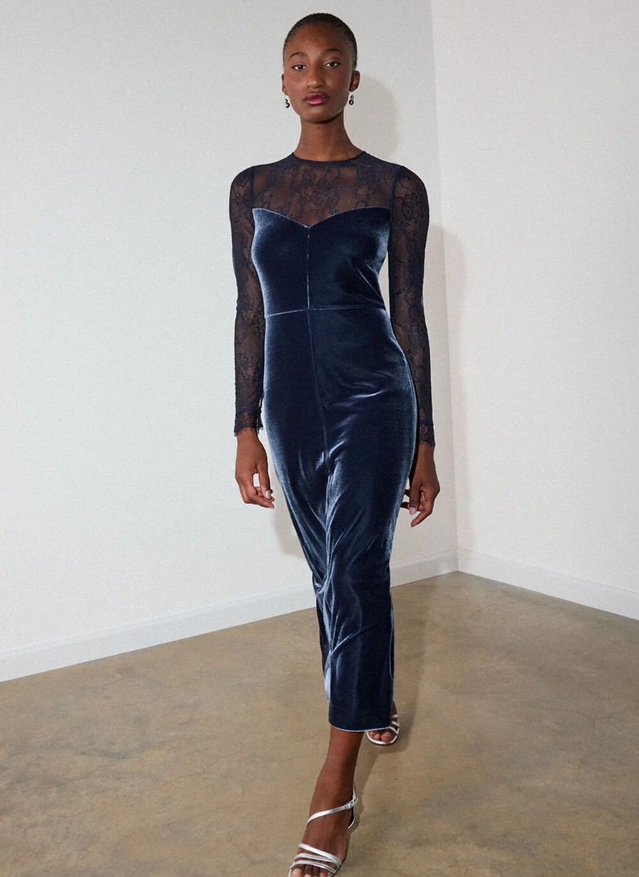 Navy Lace Sleeve Velvet Midi Dress