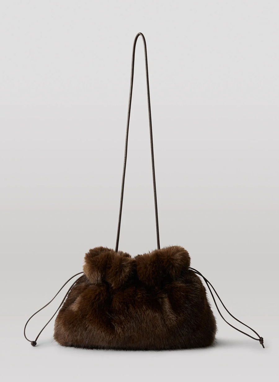 Chocolate Drawstring Faux Fur Bag
