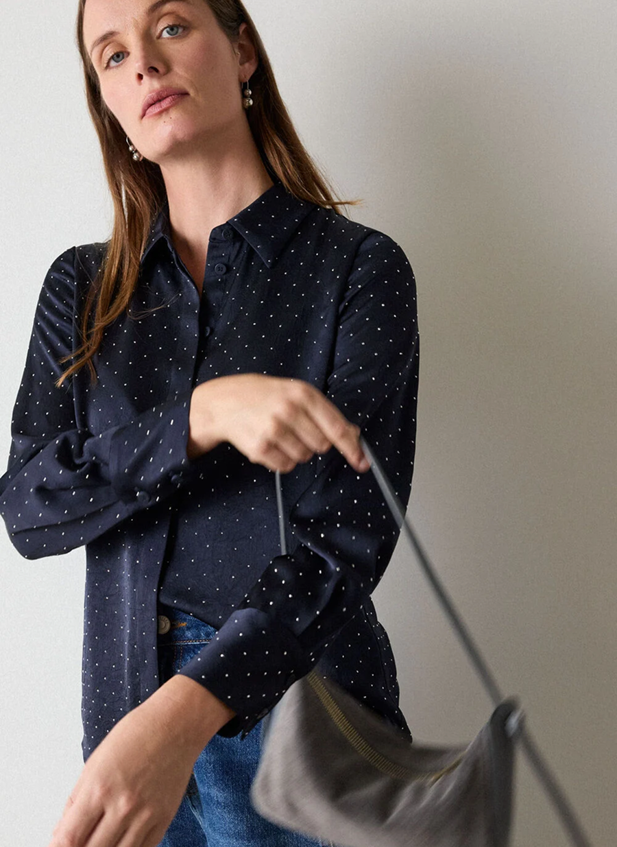 Navy Embellished Hammered Satin Shirt