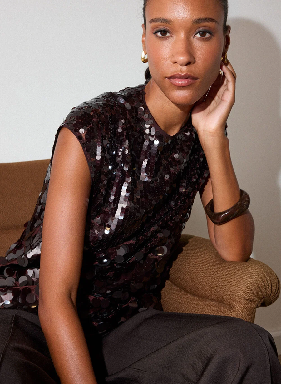 Chocolate Degrade Sequin Cap Sleeve Top