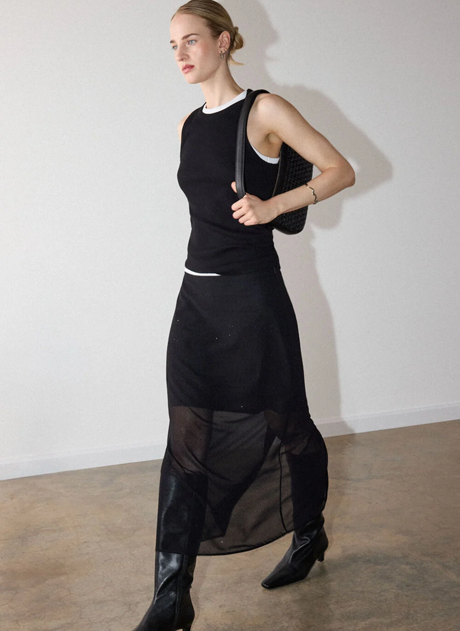Black Embellished Sheer Column Skirt