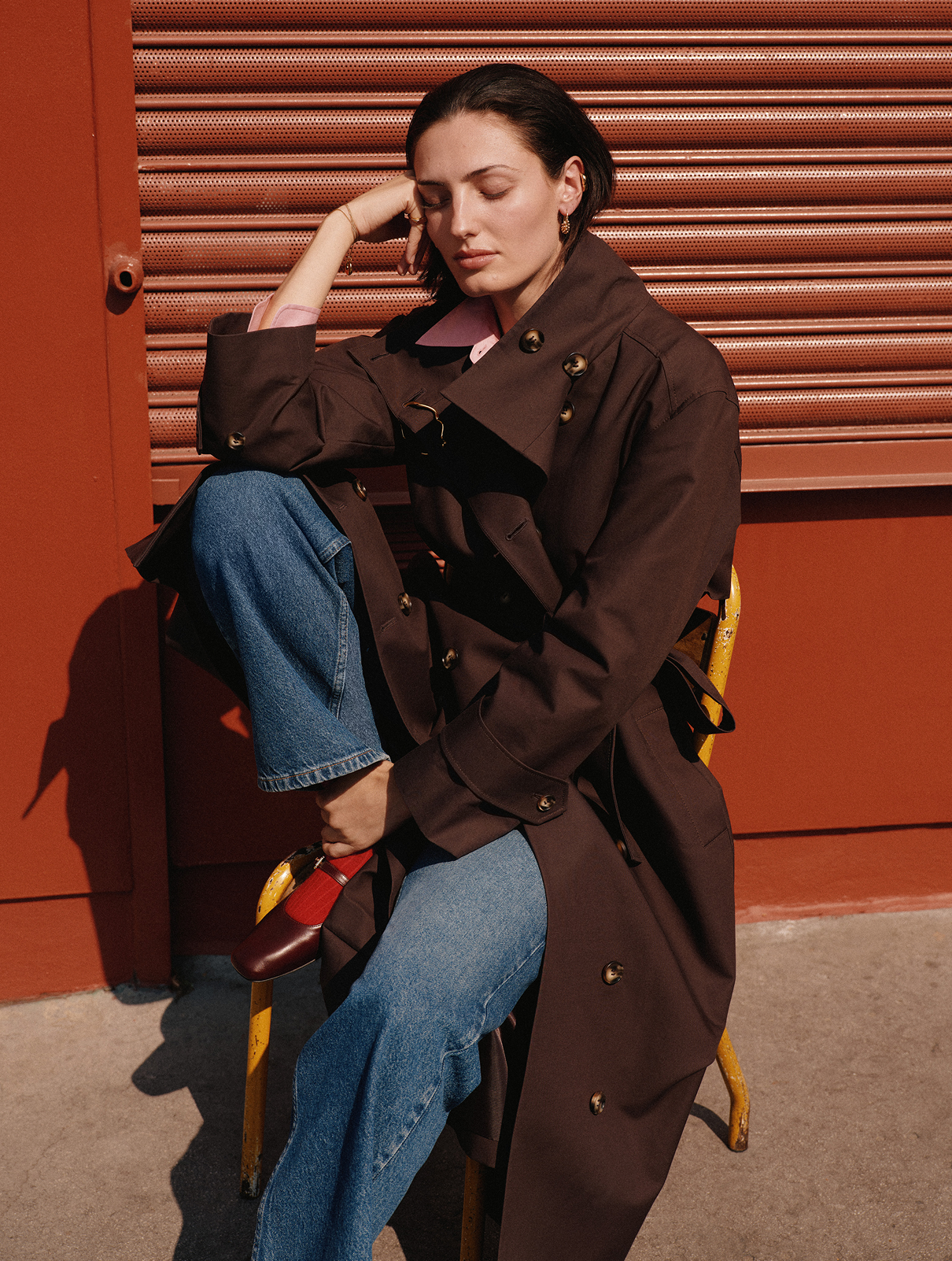 Brown Funnel Neck Trench Coat