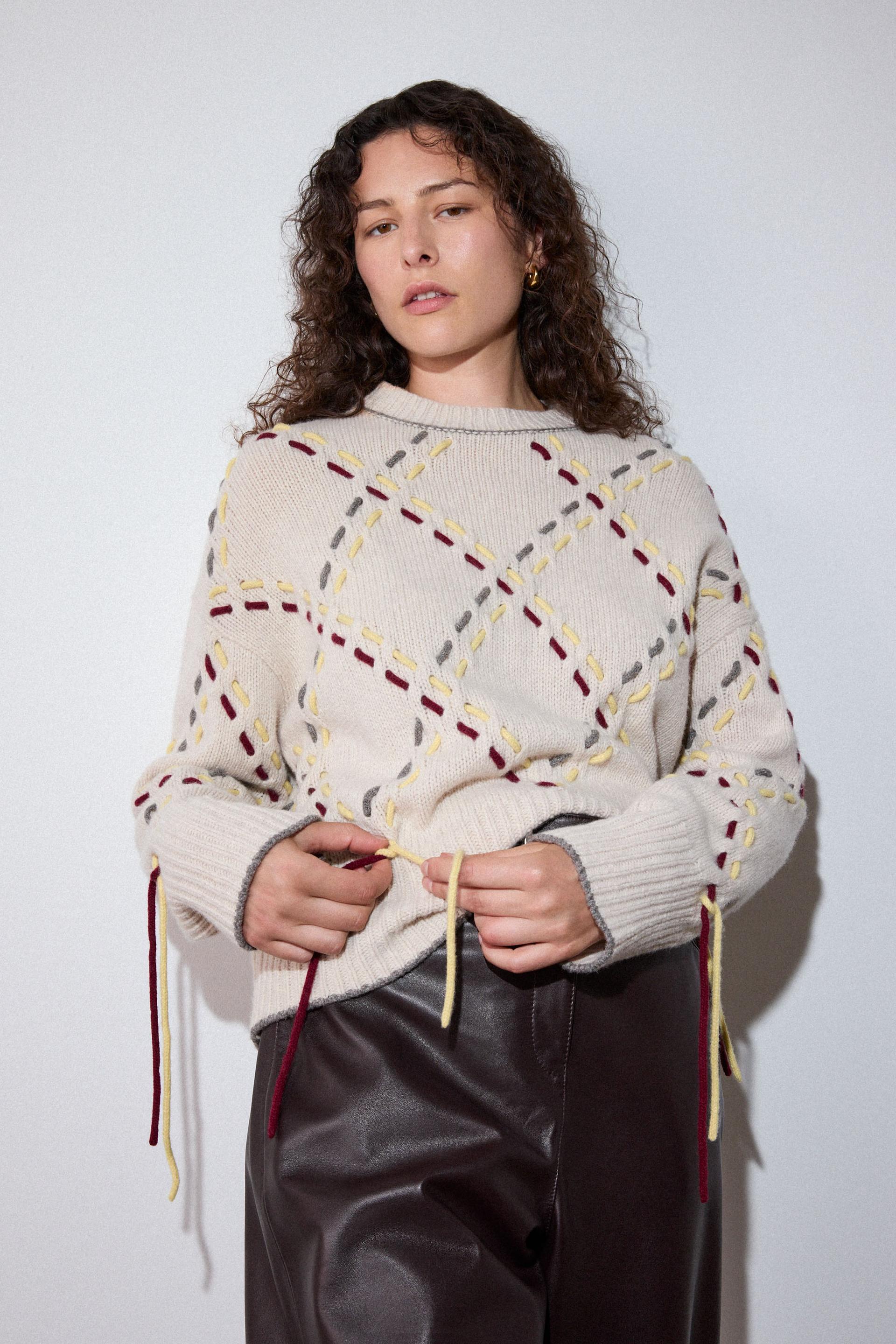 Ivory Fringed Argyle Check Knit
