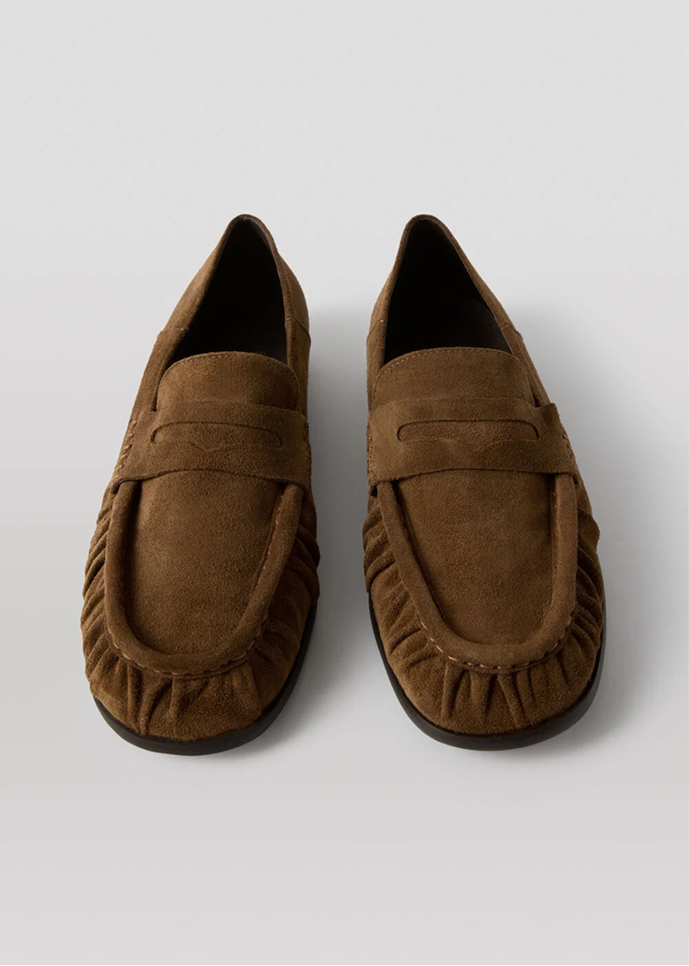 Tan Soft Suede Ruched Loafer