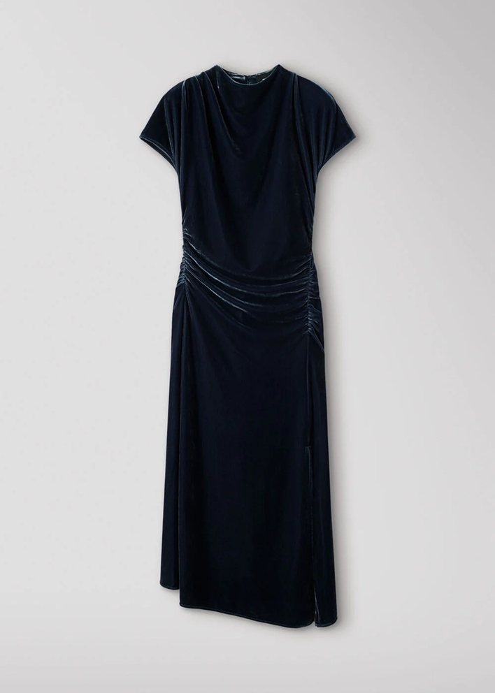 Navy Velvet Ruched Midi Dress