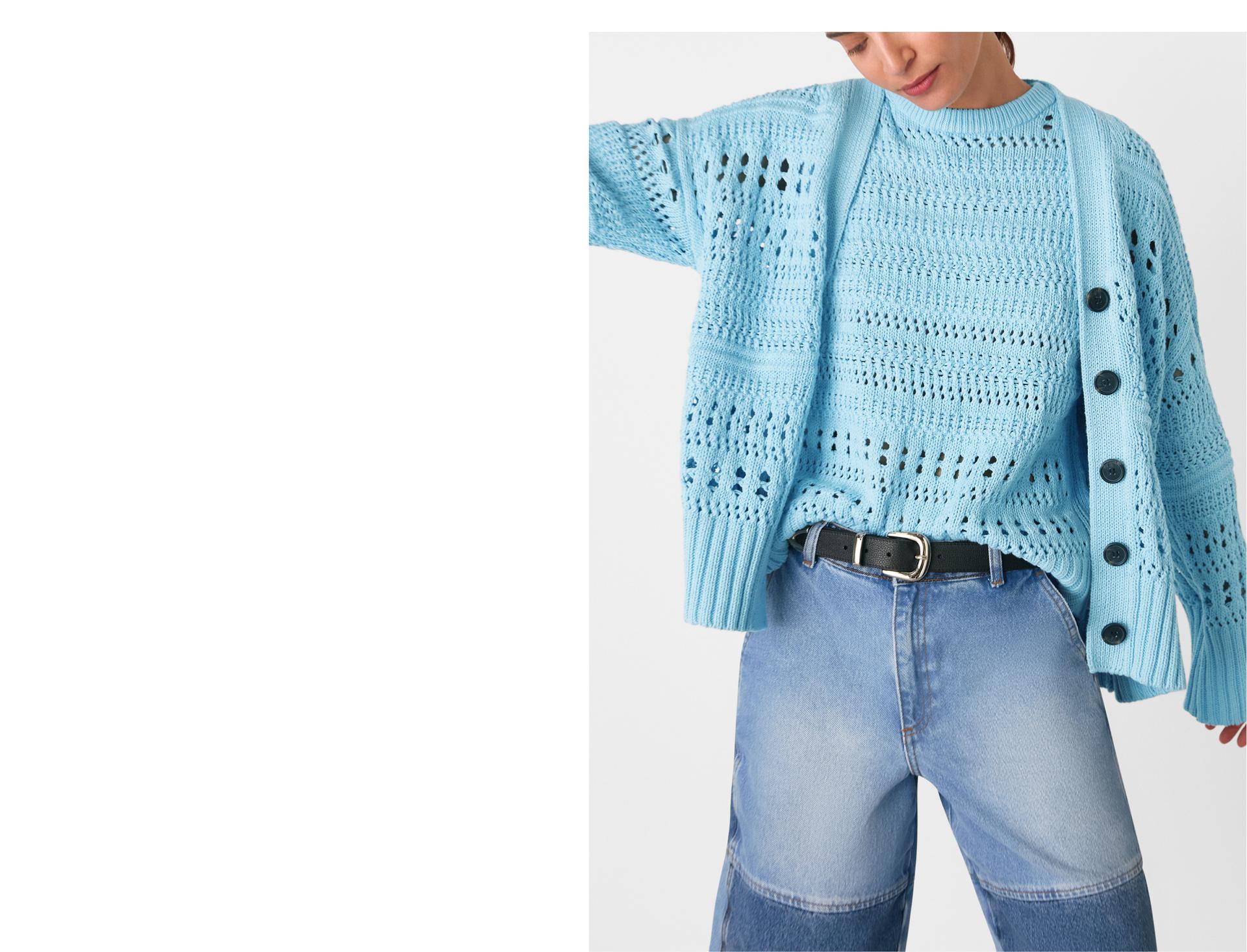 Blue Cotton Pointelle Cardigan