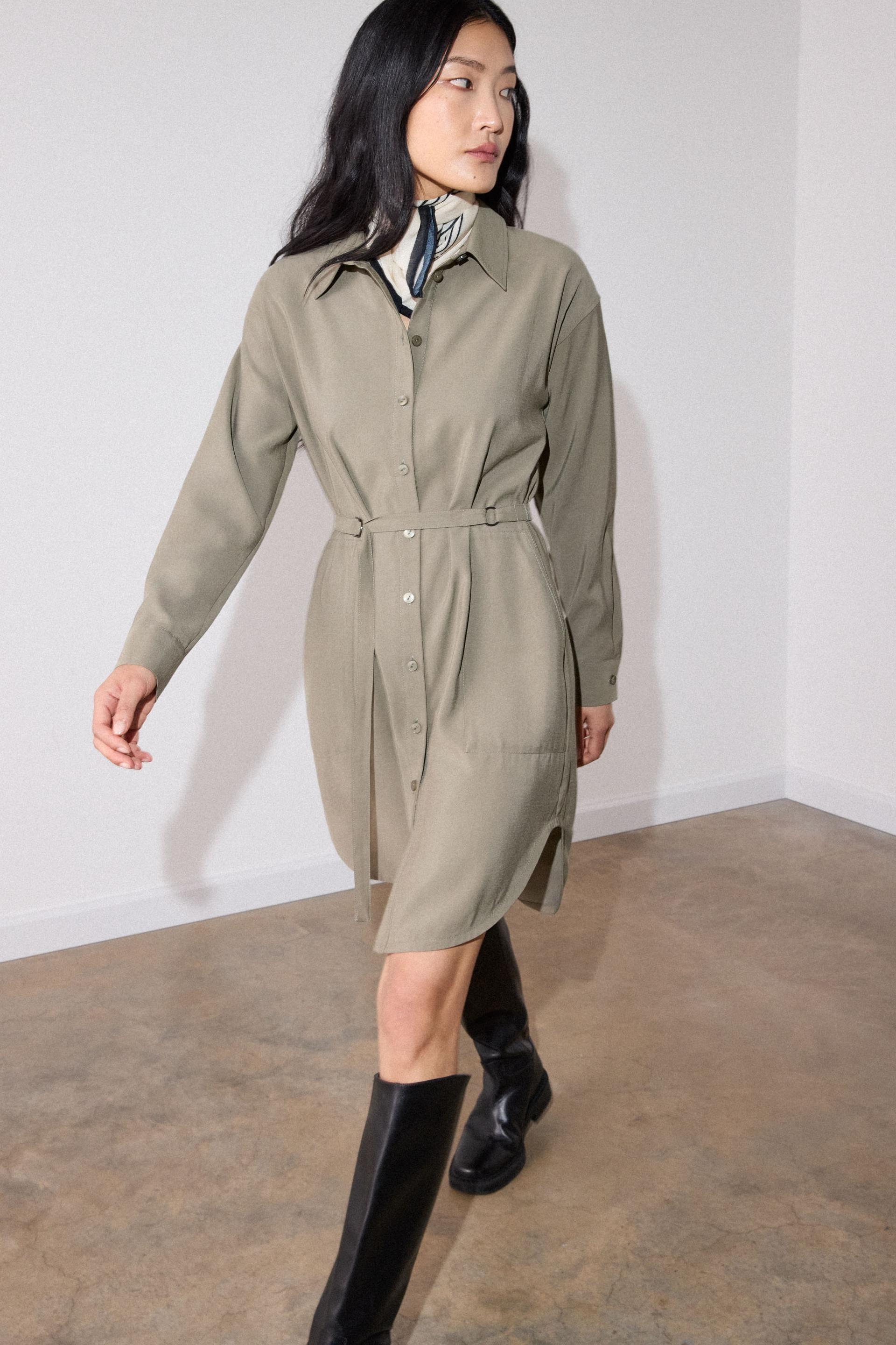 Khaki Ring Detail Shirt Twill Dress