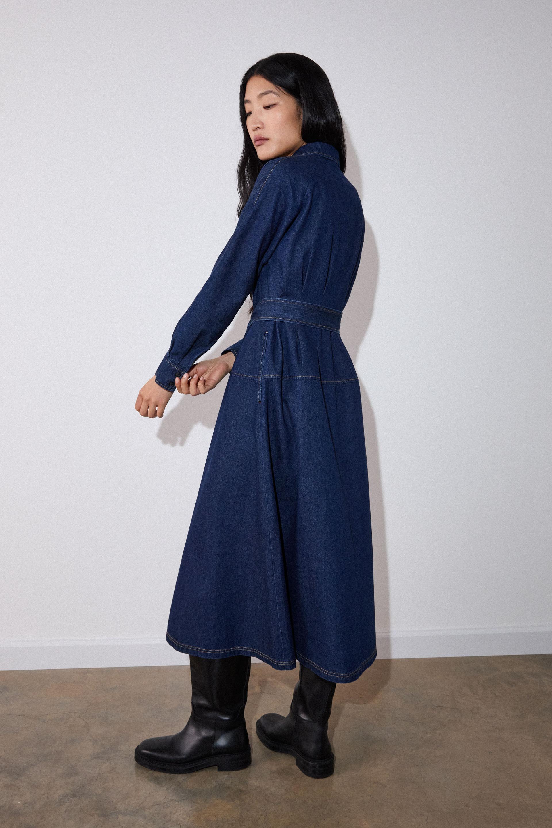 Dark Denim Waisted Midi Shirt Dress