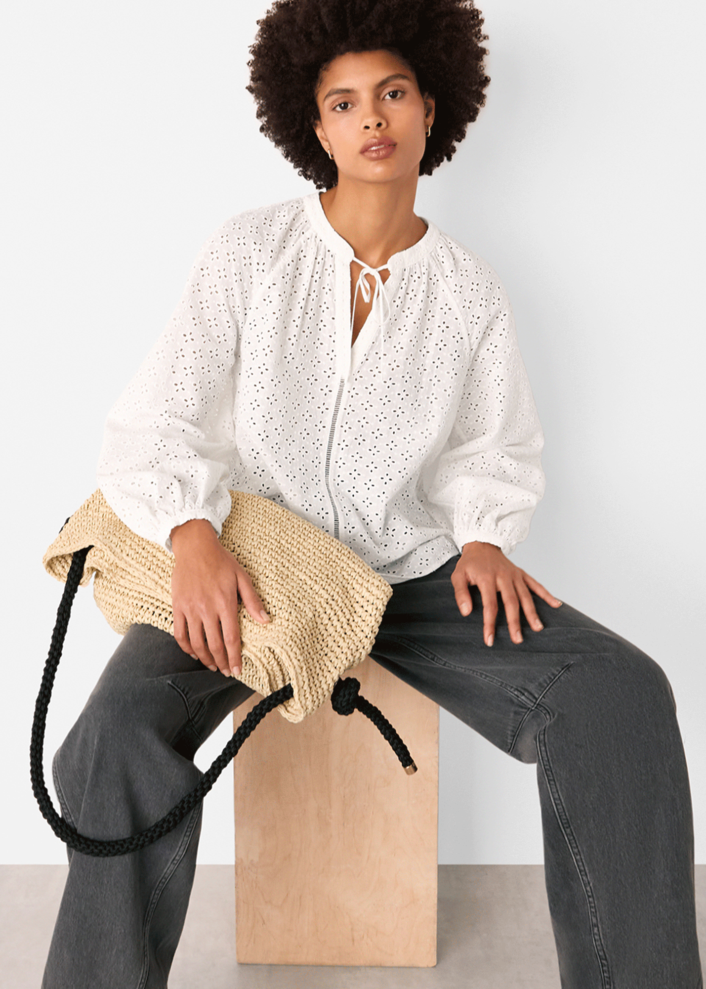 White Broderie V Neck Blouse
