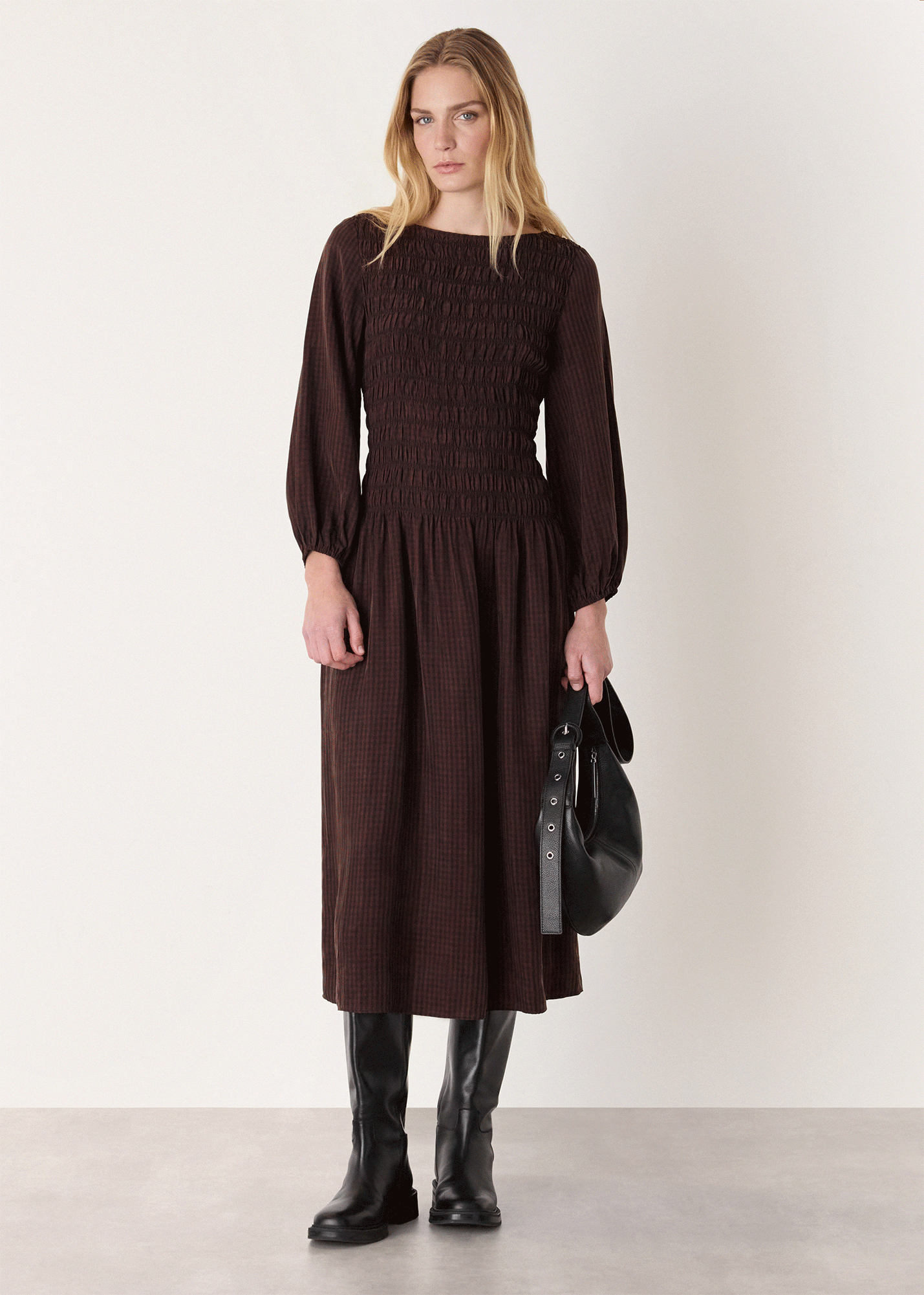 Brown Checked Shirred Dress