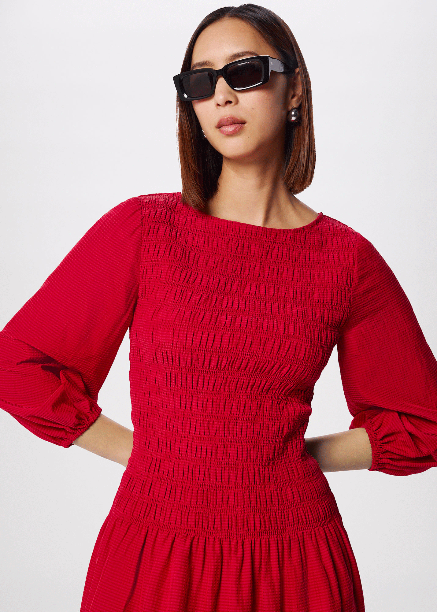 Red Smocked Bodice Midi Dress