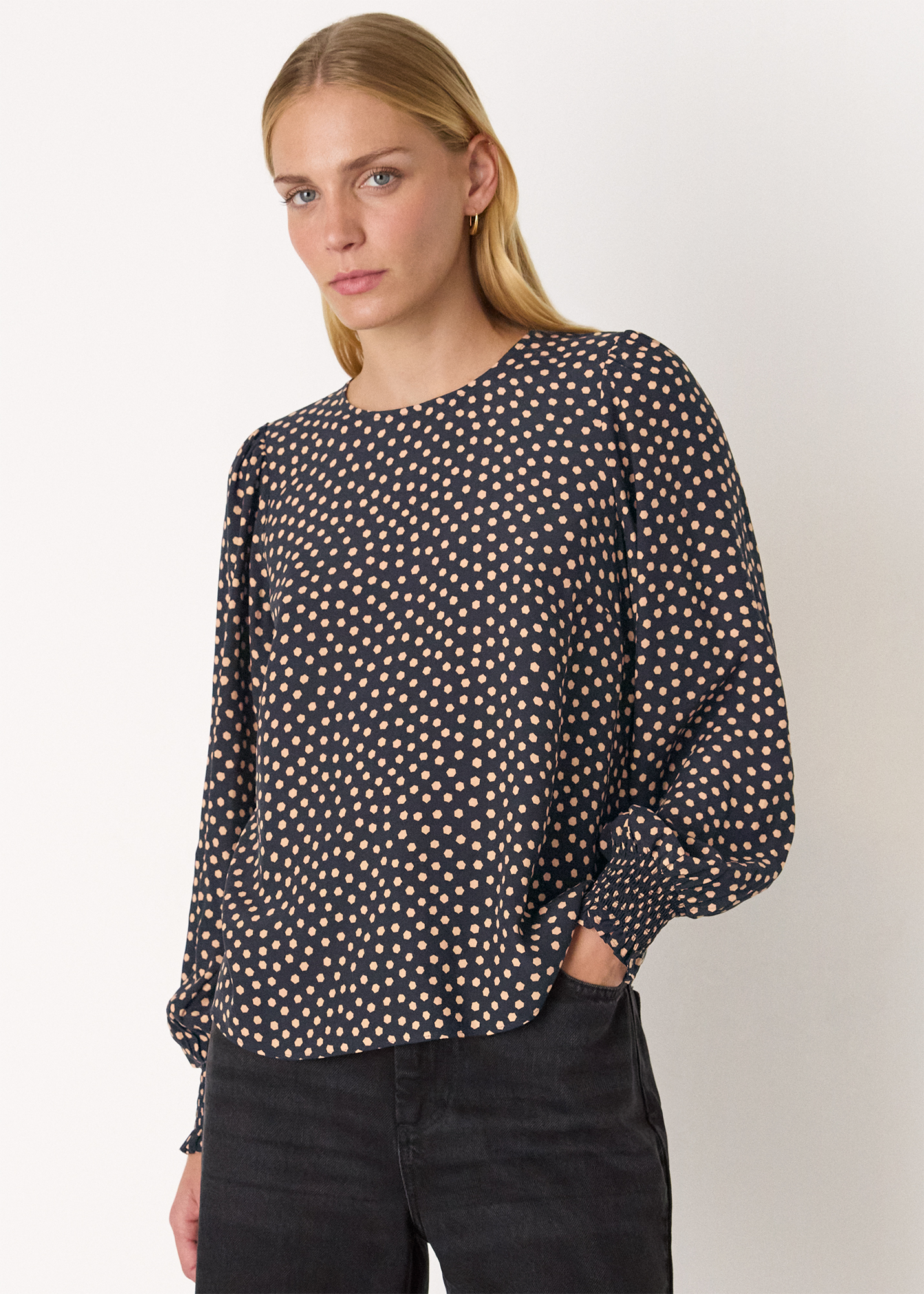 Black Spot Shirred Cuff Blouse