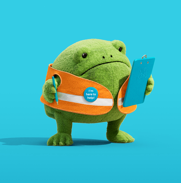 Ricky Rain Frog consults his clipboard, wearing an orange hi-vis vest with a badge that states 'I'm here to help!'