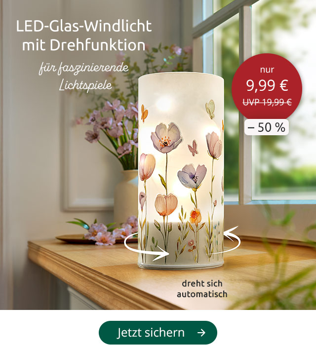 LED-Glas-Windlicht mit Drehfunktion