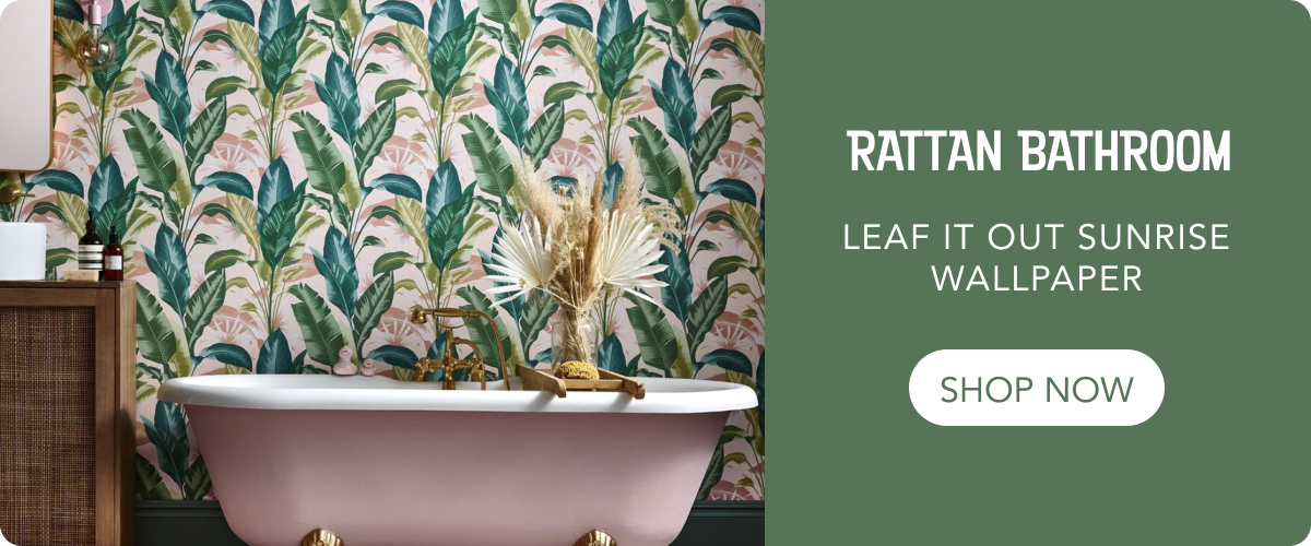 Rattan Bathroom. Leaf It Out Sunrise Wallpaper. Shop Now