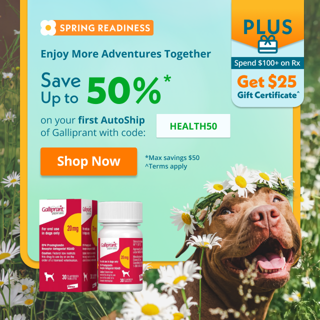 Enjoy More Adventures Together Save up to 50%* on your first AutoShip of Galliprant with code: HEALTH50 *Max savings $50.