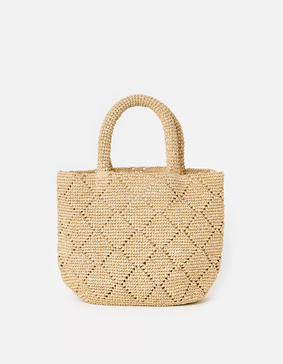 Cream Straw Diamond Weave Mini Tote Bag