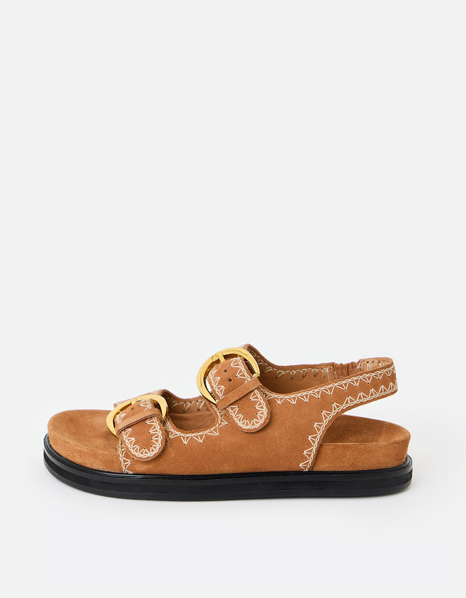Toffee Brown Suede Stitch Detail Double Buckle Sandals
