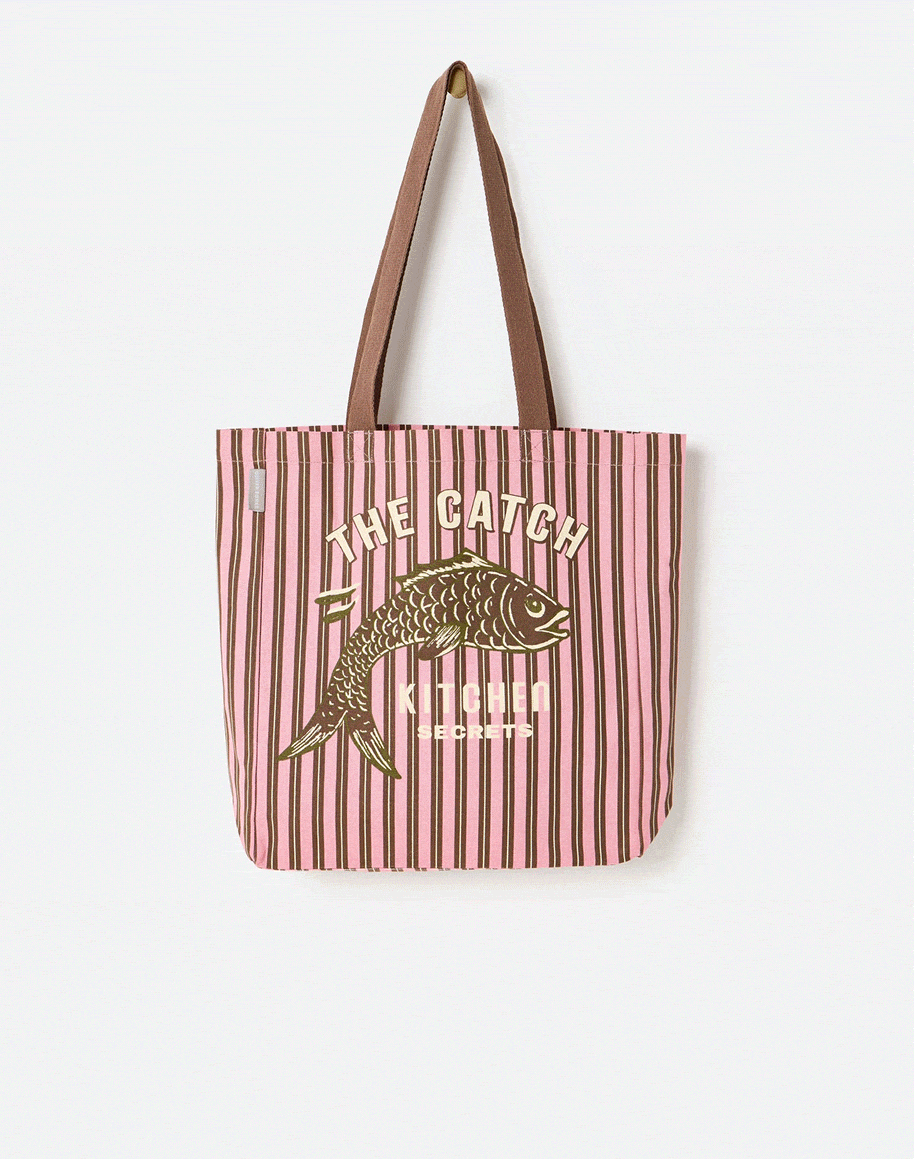 Pink & Brown Striped Fish Fabric Tote Shopper Bag