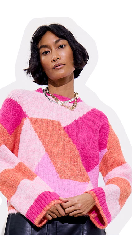 Pink Geometric Fluffy Knitted Jumper