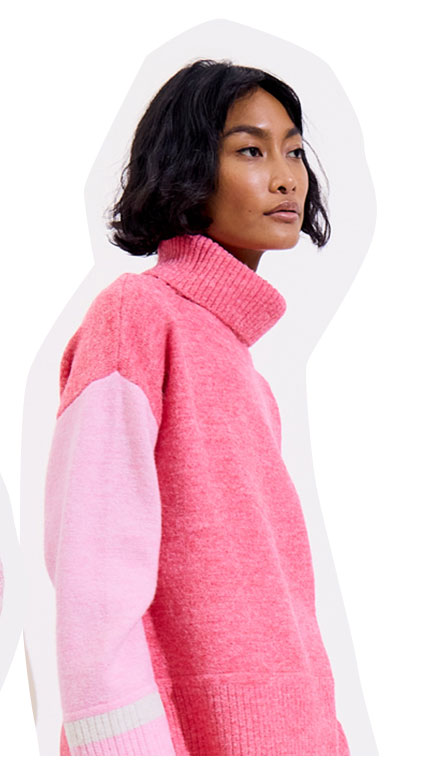 Pink Colour Block Roll Neck Knitted Jumper