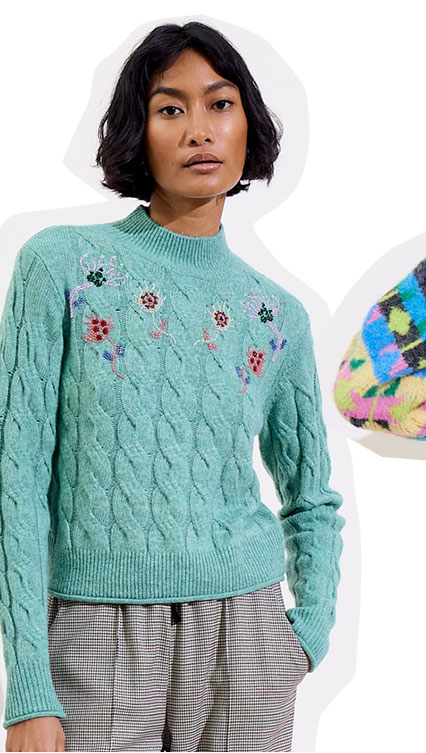 Beaded Floral Green Cable Knit Jumper