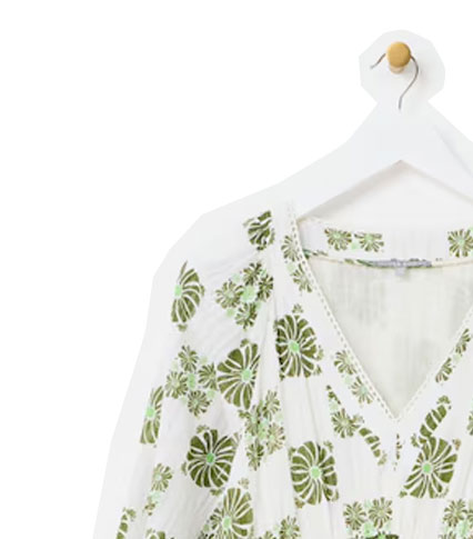 White & Green Floral Tile Print V-Neck Tiered Midi Dress