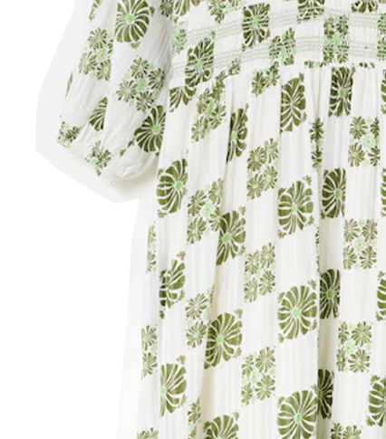 White & Green Floral Tile Print V-Neck Tiered Midi Dress
