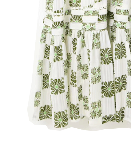 White & Green Floral Tile Print V-Neck Tiered Midi Dress