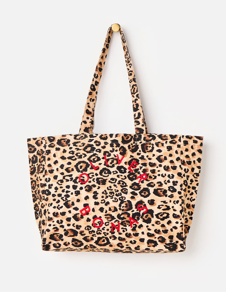 Brown Leopard Print Logo Fabric Tote Shopper Bag