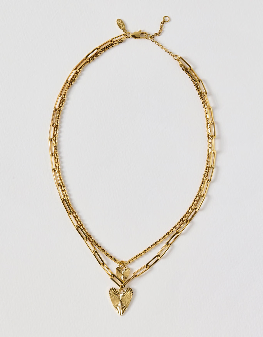 Melony Gold Tone Waterproof Double Row Etched Heart Pendant Necklace