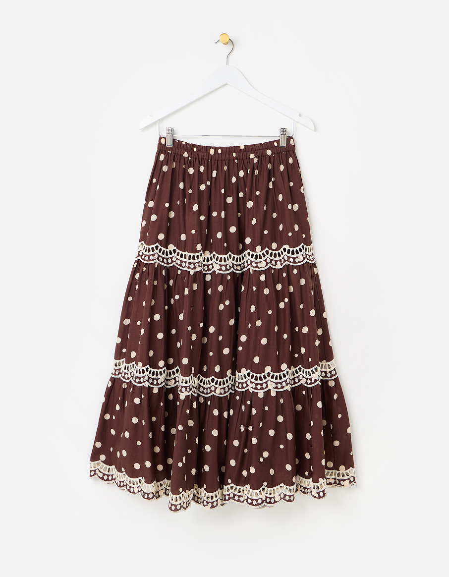 Chocolate Brown Polka Dot Scalloped Cutwork Midi Skirt