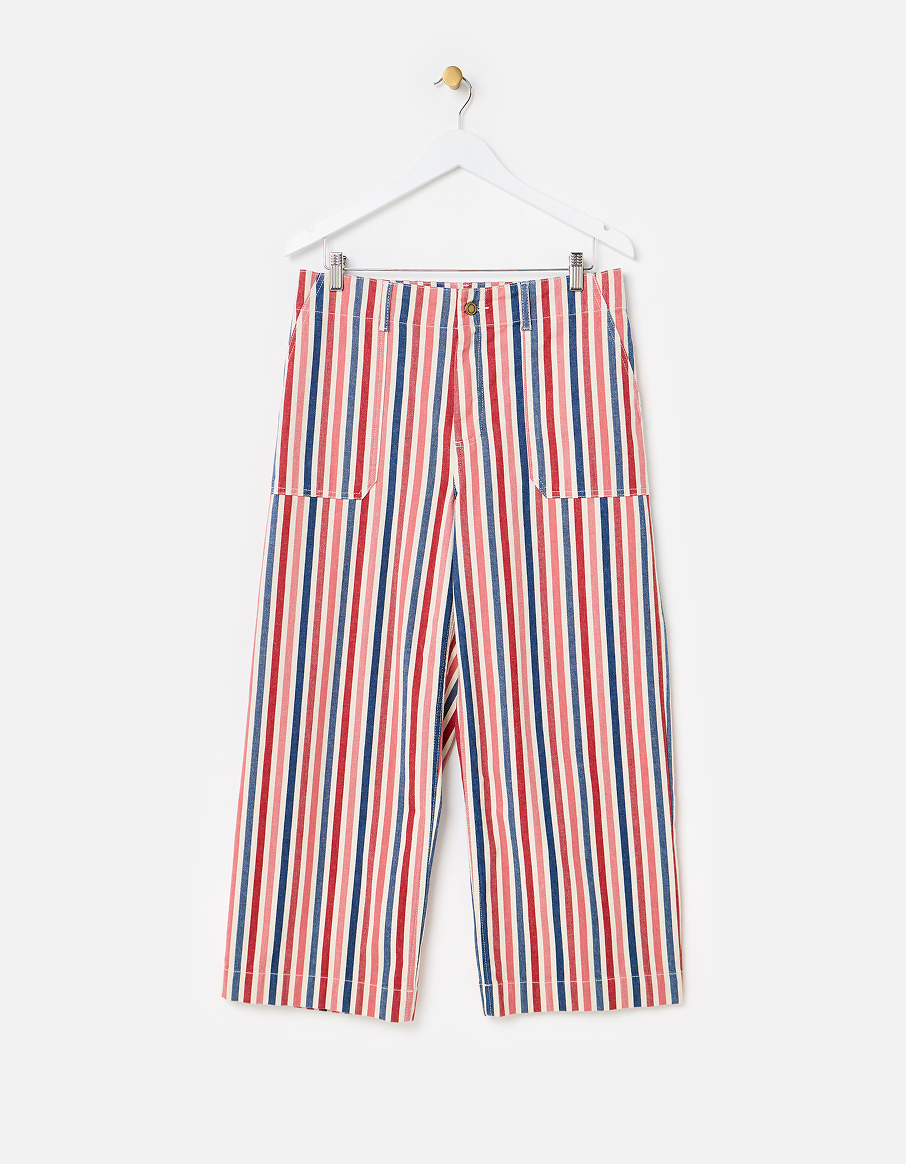 Blue & Red Striped Cropped Wide Leg Jeans