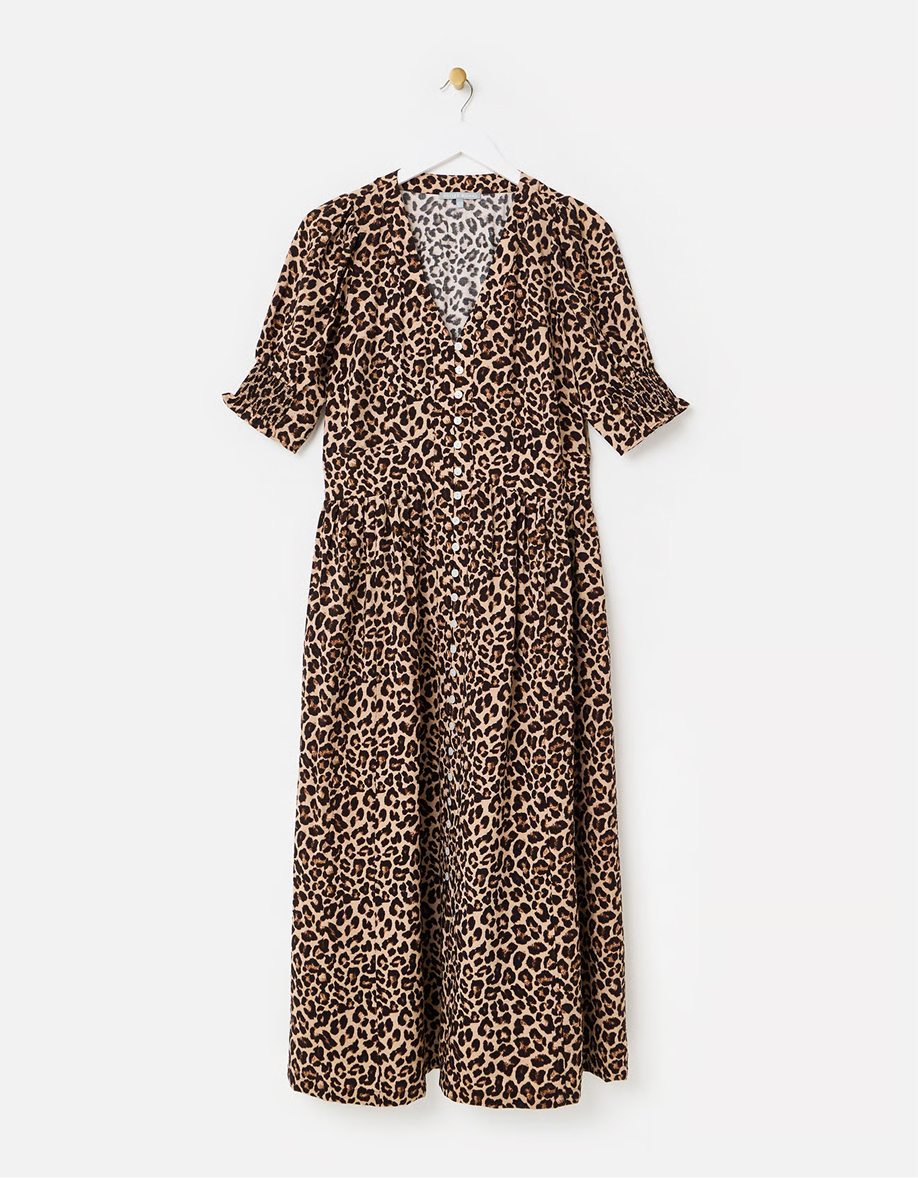 Brown Leopard Print V-Neck Midi Dress