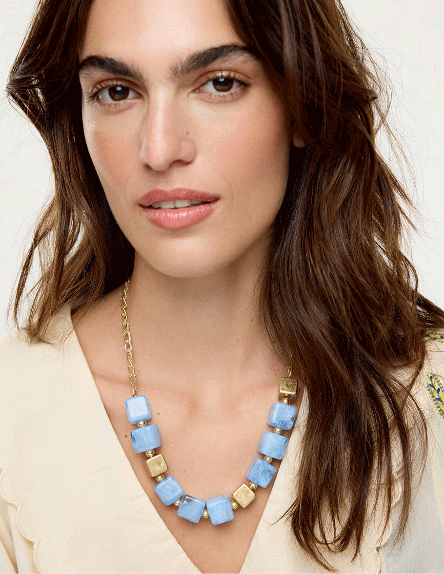 Jules Blue Square Resin Bead Chunky Necklace