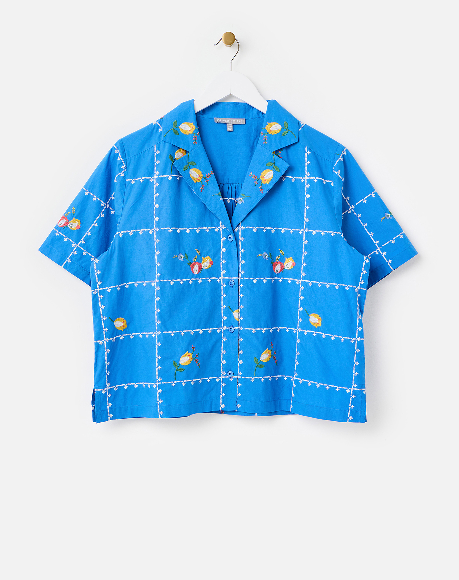 Cobalt Blue Floral Embroidered Short Sleeve Shirt