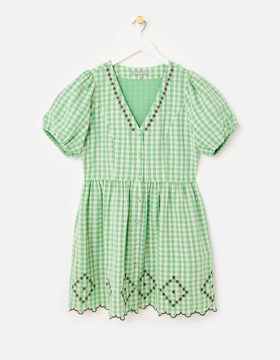 Green & Cream Gingham Embroidered V-Neck Mini Dress
