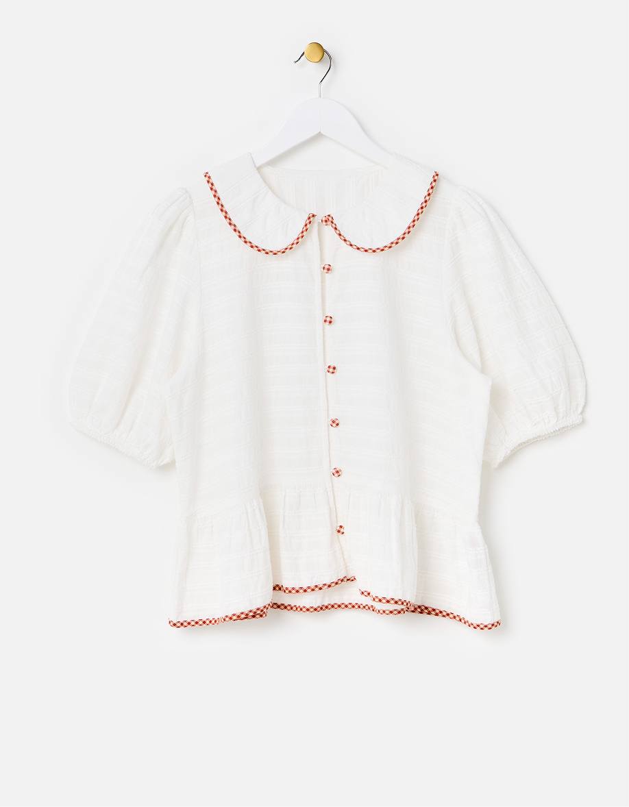 White Textured Gingham Collar Cotton Peplum Blouse