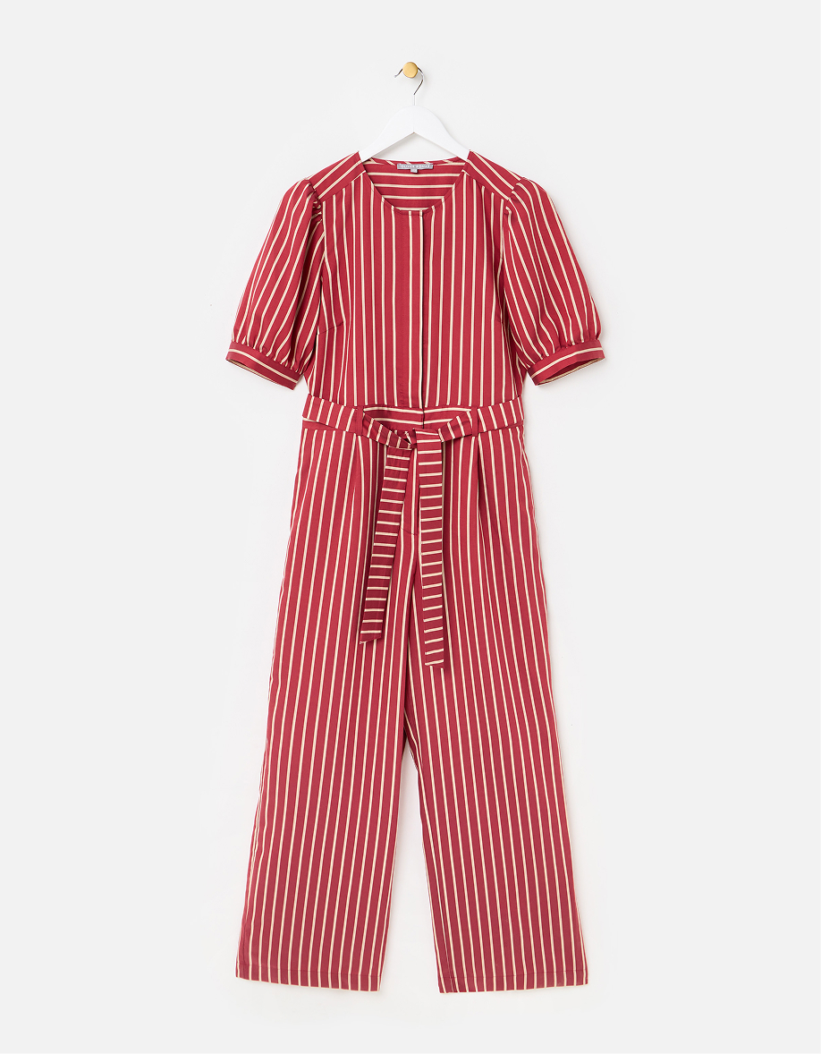 Berry Red & Cream Striped Tie Waist Jumpsuit