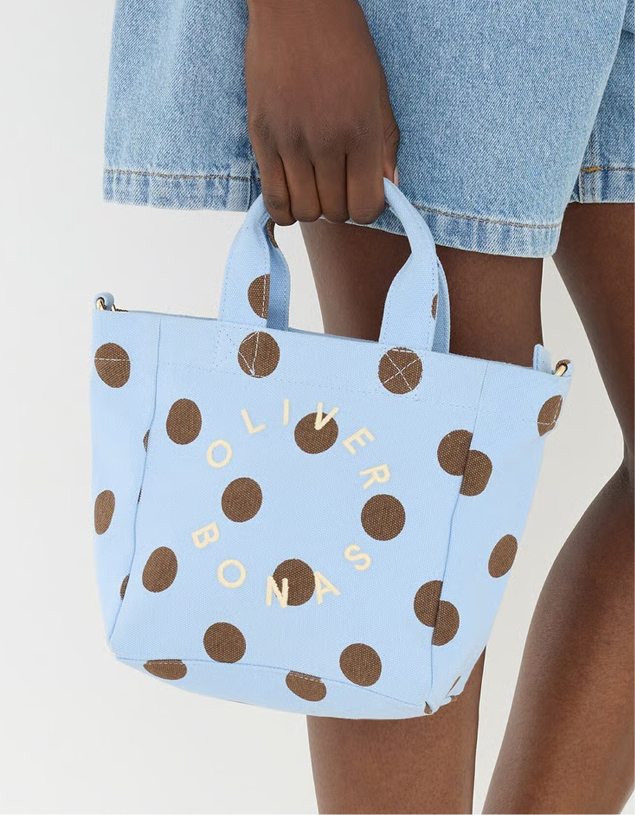 Light Blue & Brown Polka Dot Logo Fabric Mini Tote Crossbody Bag