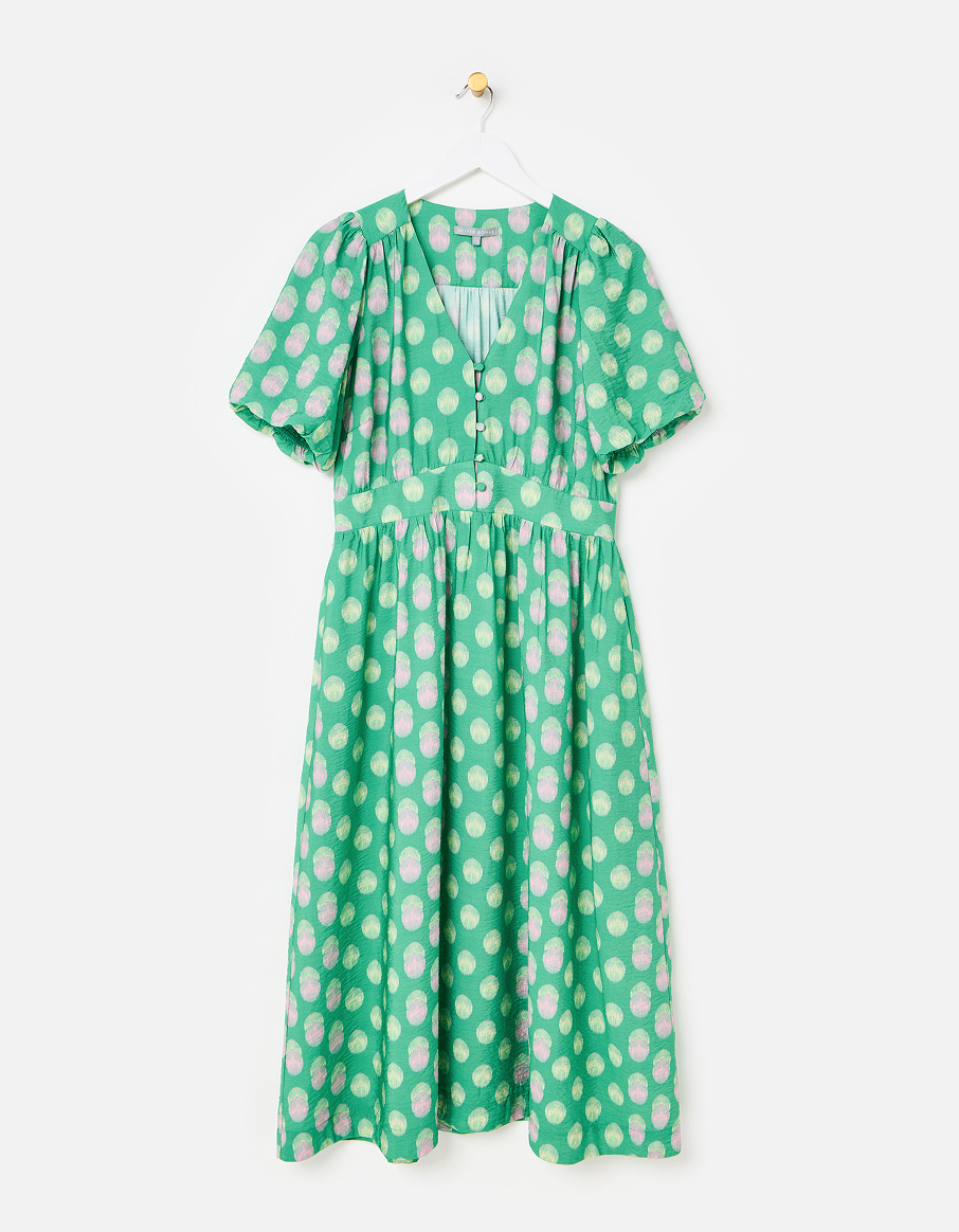 Green & Pink Polka Dot V-Neck Midi Dress