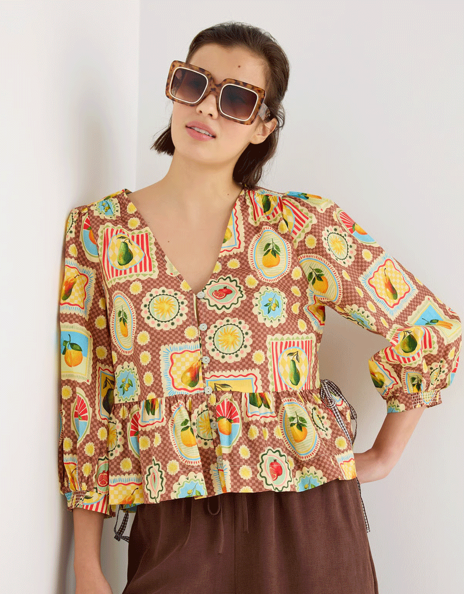Brown Postcard Print V-Neck Button Up Blouse