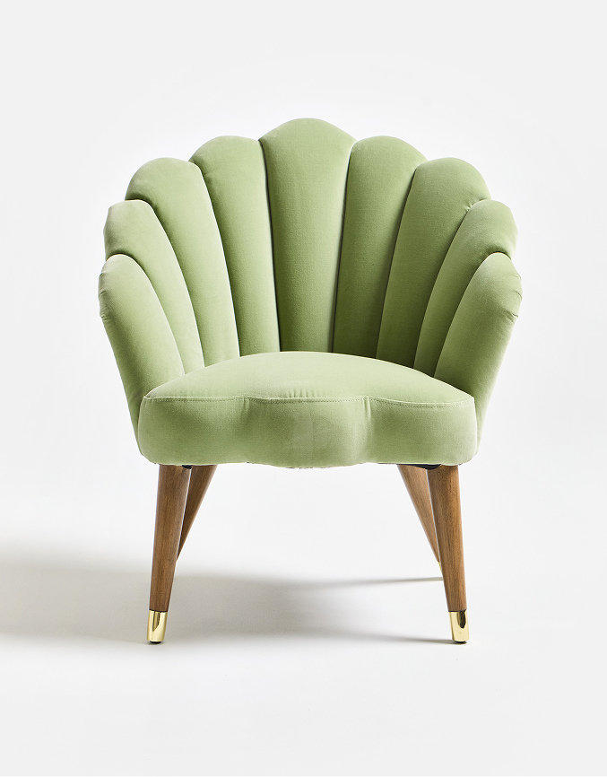 Flora Scalloped Light Green Velvet Armchair