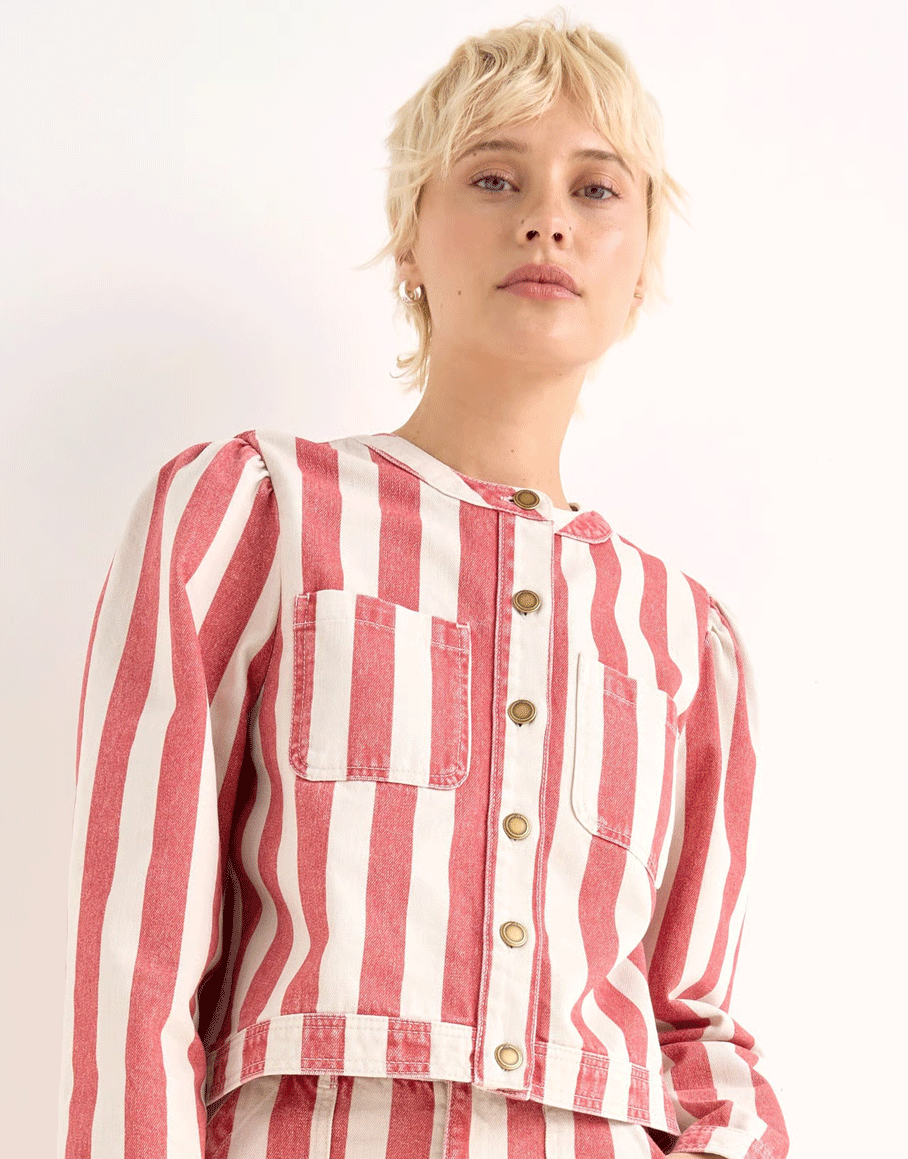 Red & Ecru Striped Cropped Denim Jacket