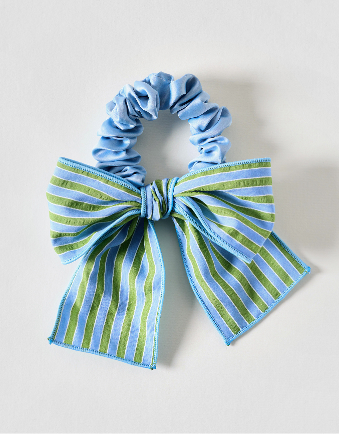 Heath Blue & Green Stripe Bow Scrunchie