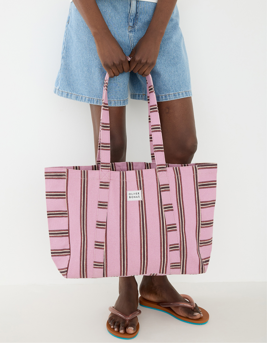 Pink & Brown Striped Logo Fabric Tote Shopper Bag