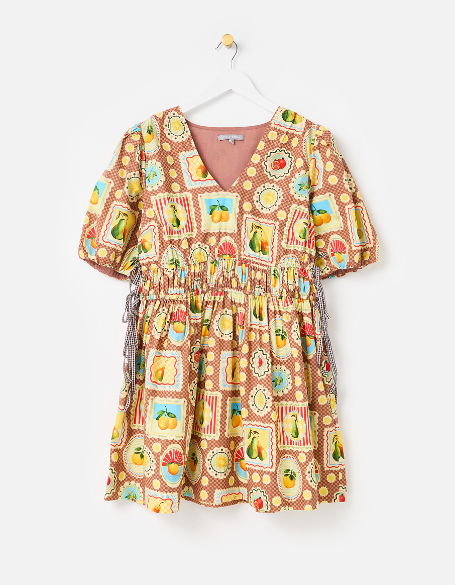 Brown Postcard Print V-Neck Puff Sleeve Mini Dress