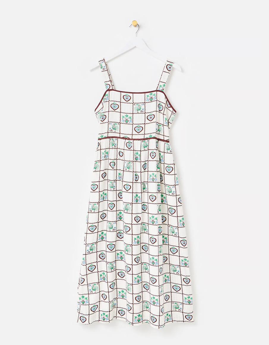 White & Brown Tile Print Strappy Midi Dress