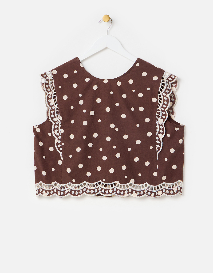 Chocolate Brown Polka Dot Scalloped Broderie Top
