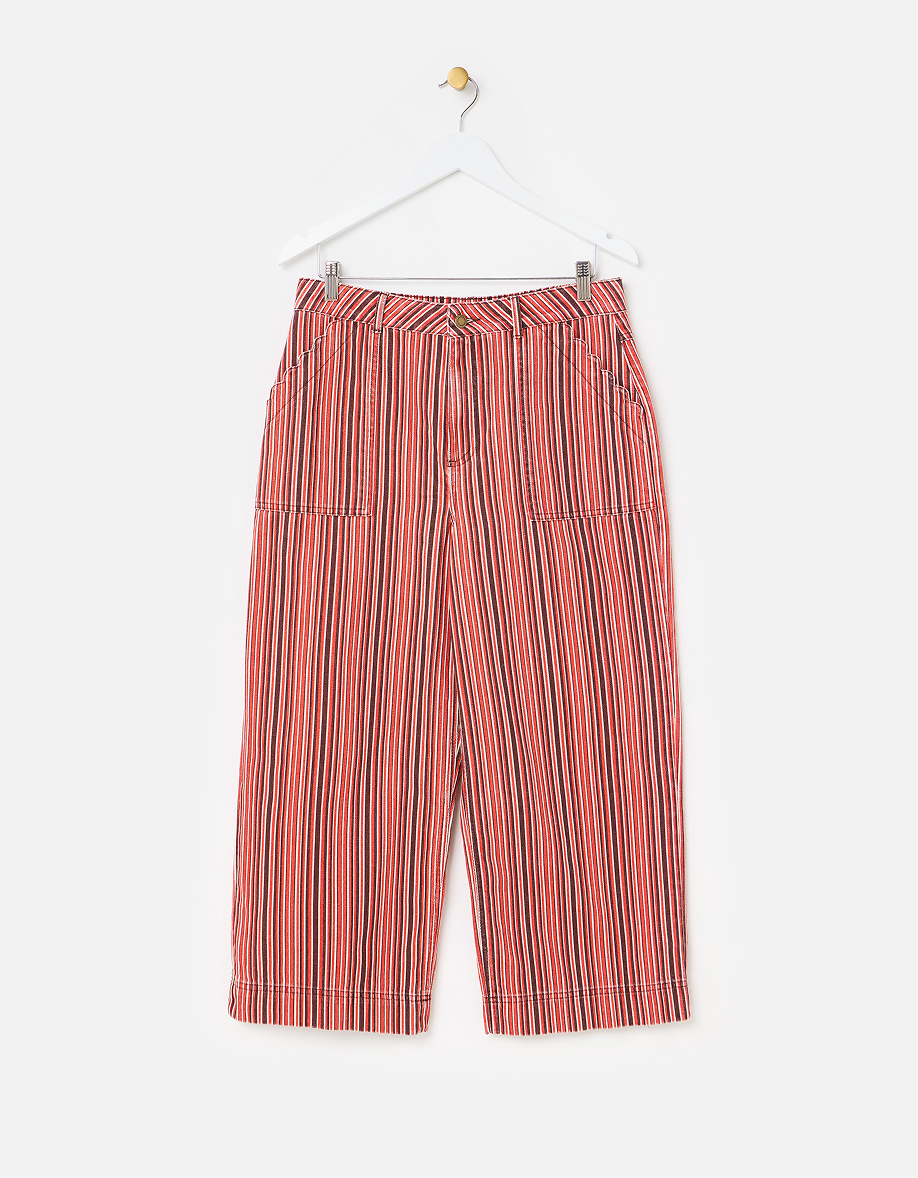 Red & Brown Striped Scalloped Pocket Cropped Wide Leg Jeans